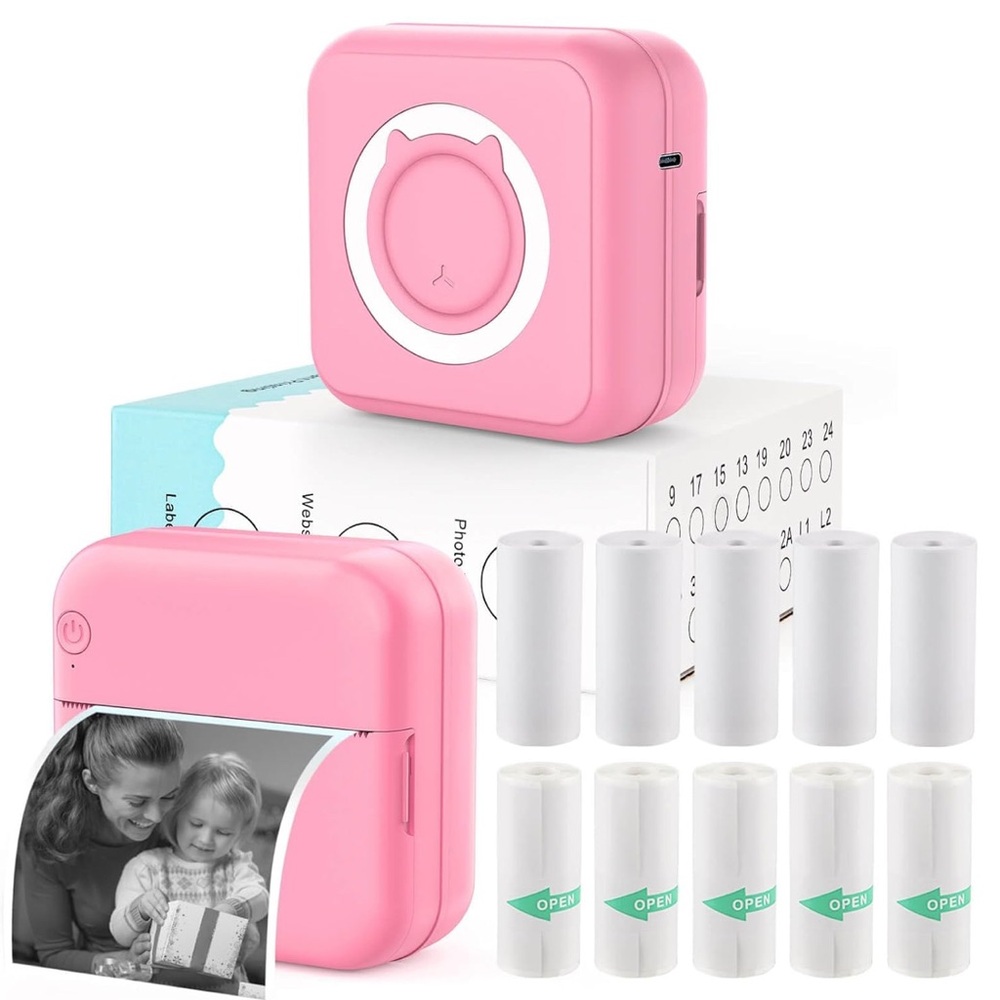 Mini Thermal Pocket Printer, Wireless Sticker Printer w/10 Rolls Thermal Paper